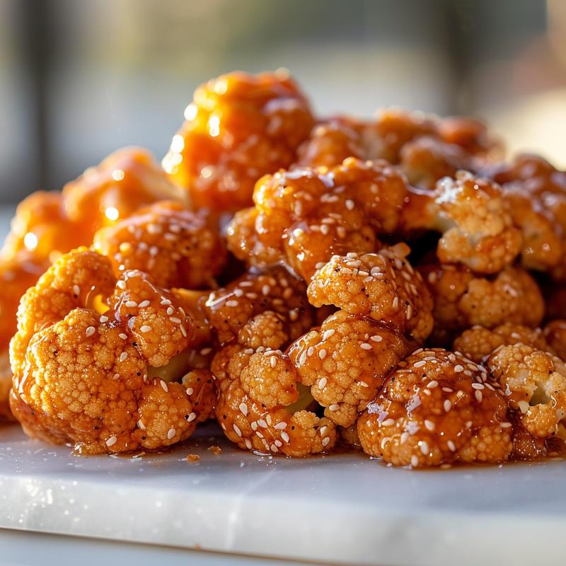 Close-up of sticky sesame cauliflower florets on white marble.