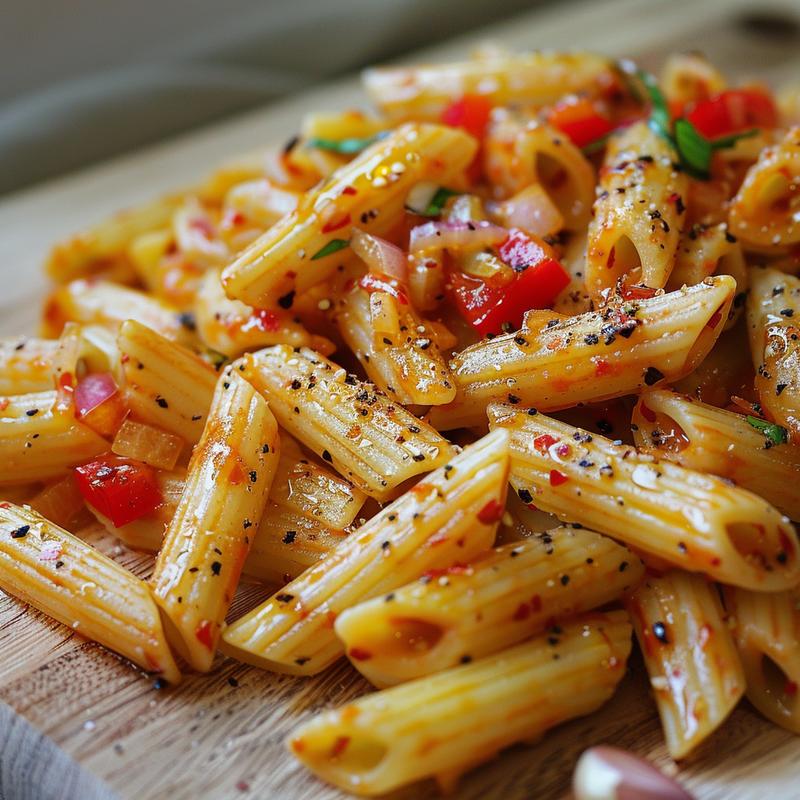 Close-up of vegan pasta with red bell peppers and garlic on a light wood board.