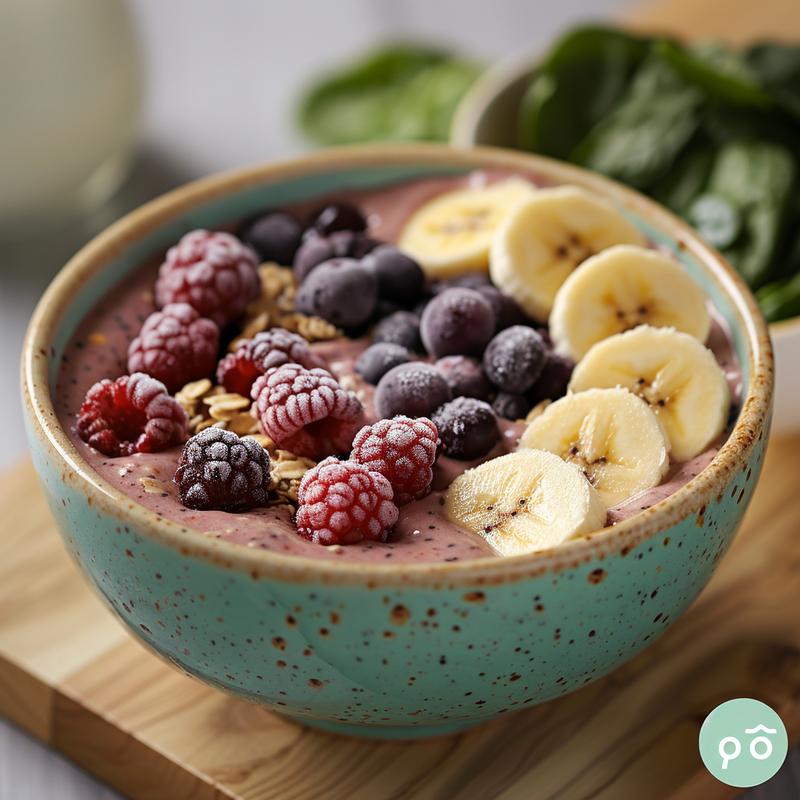 Close-up of a vibrant smoothie bowl with visible frozen fruits, spinach, and protein powder on a light wood surface.