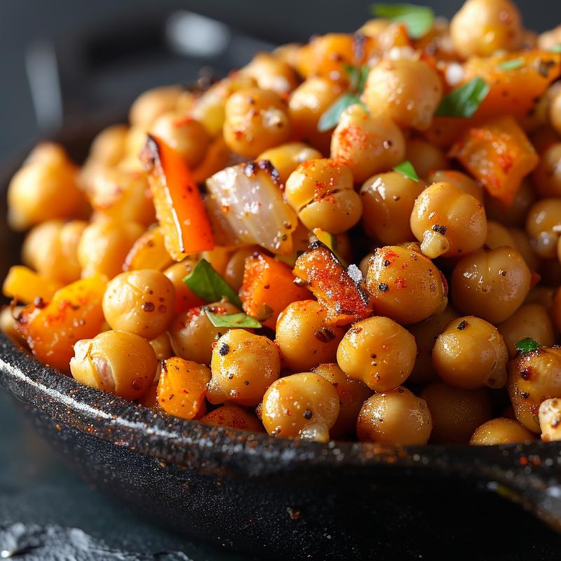 Close-up of roasted chickpeas and vegetables in a bowl.