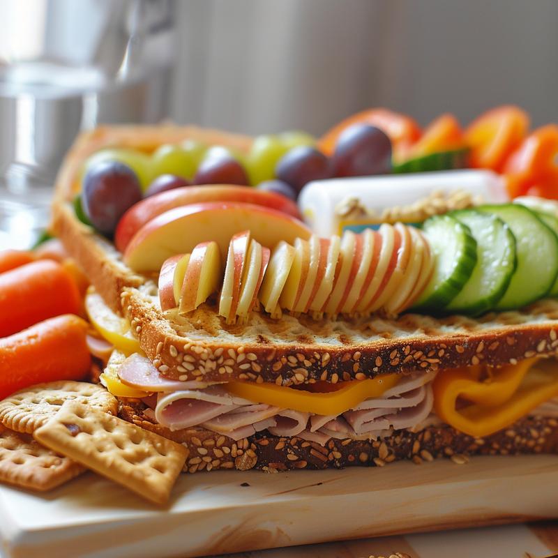Close-up of a teen's cold lunchbox with sandwich, fruit, vegetables, snack, and drink on wood.