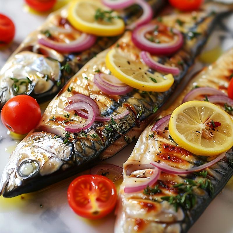 Close-up of baked mackerel with lemon, tomatoes, and red onion on marble.