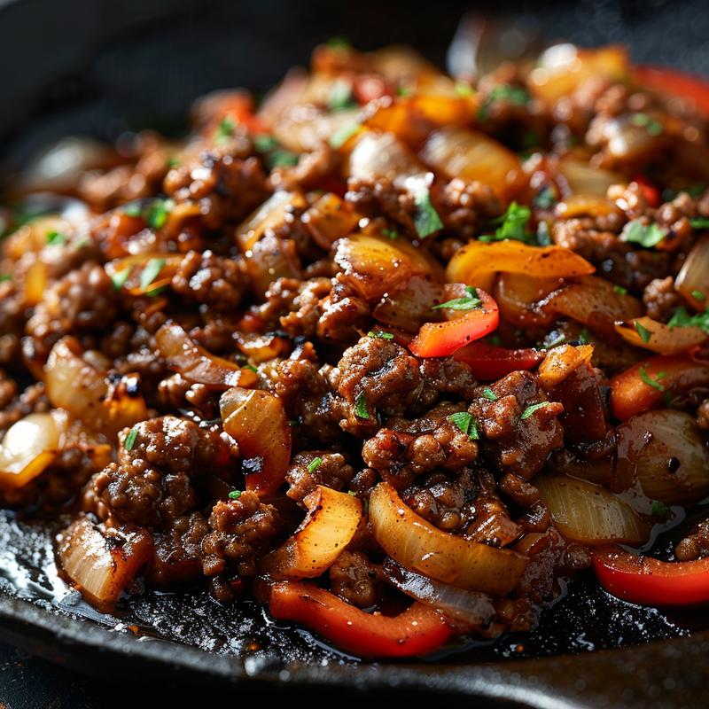 Close-up of Mediterranean ground beef stir-fry with visible ingredients.