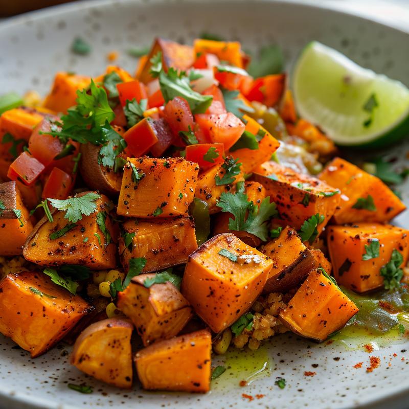 Close-up of colorful sweet potato taco bowl.