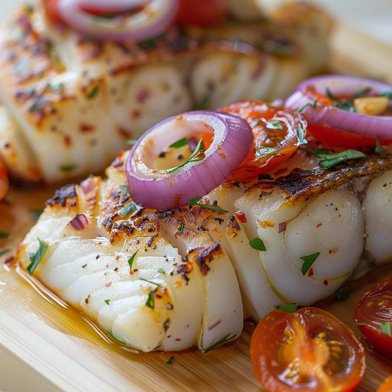 Close-up of Mediterranean baked cod with tomatoes and onions on wood.