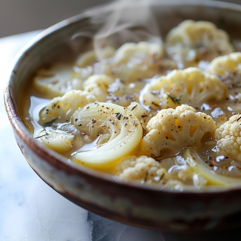 Steaming bowl of creamy white cauliflower soup on marble.