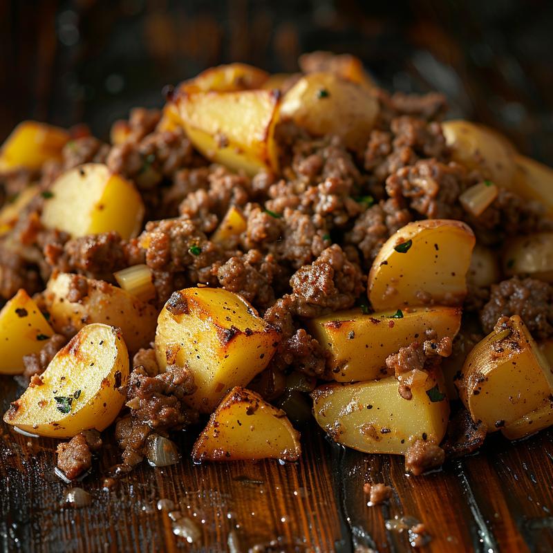 Close-up of ground beef and potatoes in a rustic setting.