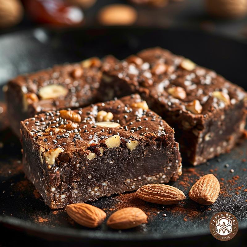 Close-up of dark brownie energy bars with visible nuts and seeds.