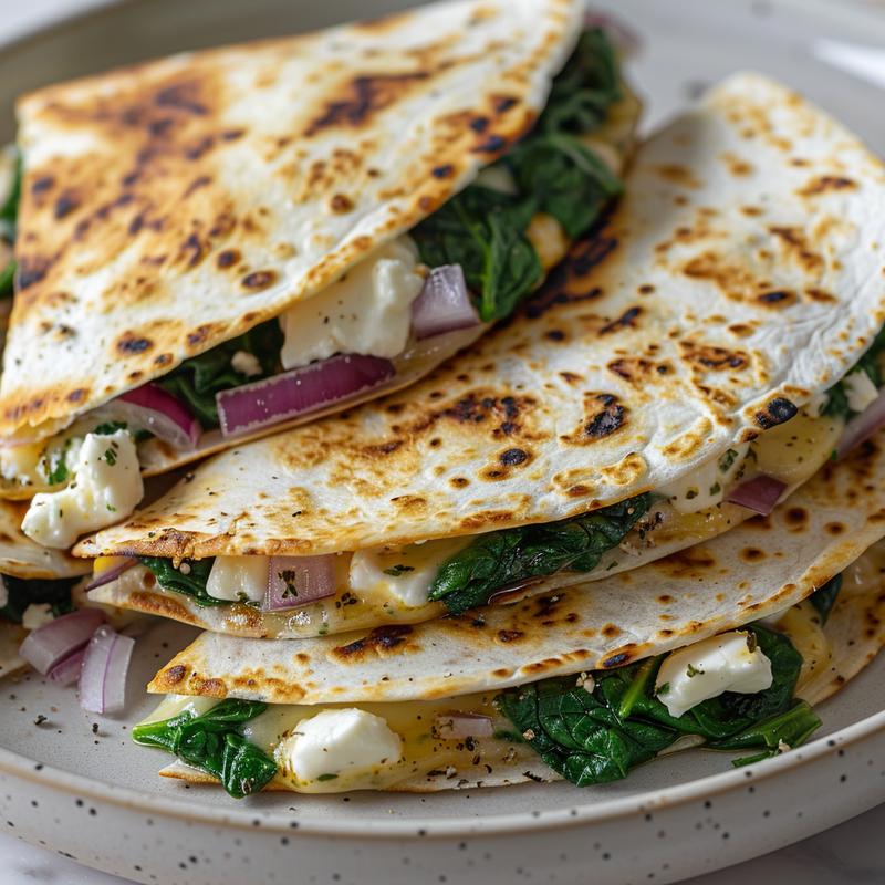 Close-up of a Mediterranean quesadilla with spinach, feta, mozzarella, and red onion on a light grey plate.