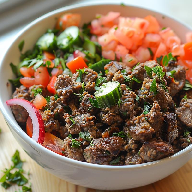 Close-up of a Mediterranean lamb bowl with ground lamb, fresh vegetables, and Greek flavors on a light wood board.