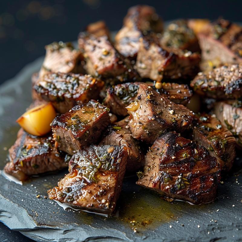 Close-up of a Mediterranean steak bowl with visible steak bites.