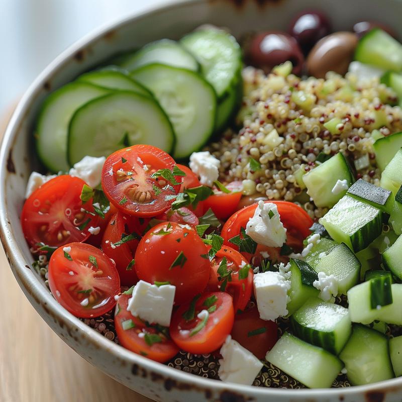 Close-up of a Mediterranean bowl with quinoa, cucumber, tomatoes, feta, and olives on a wooden board.