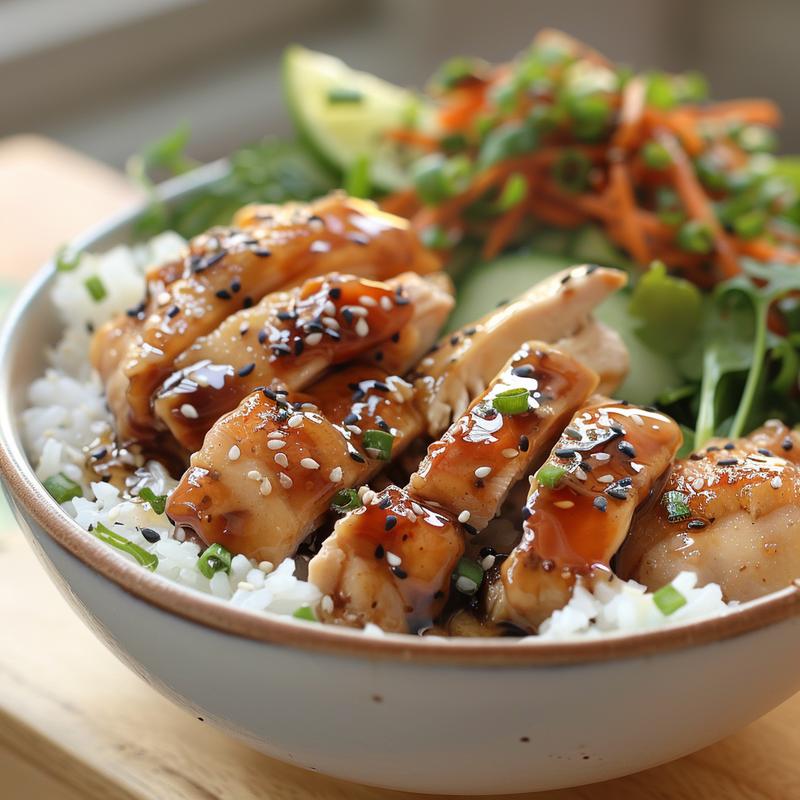 Close-up of teriyaki chicken and rice in a meal prep bowl.