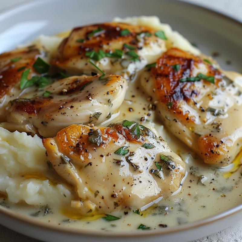 Close-up of creamy herb chicken and glazed mashed potatoes on a light grey plate.