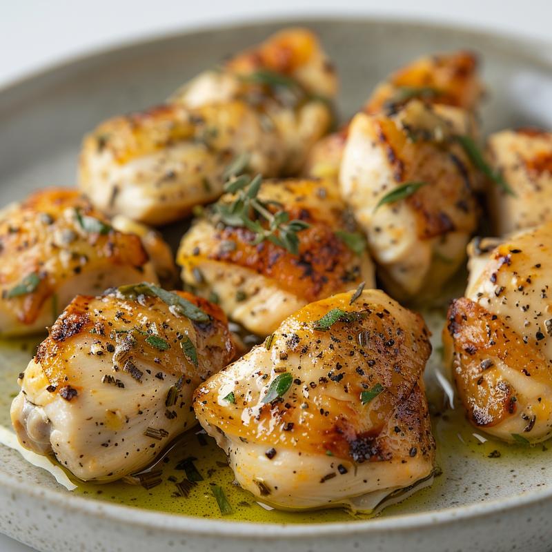 Close-up of a Mediterranean chicken bowl with visible chicken, olive oil, and lemon juice.