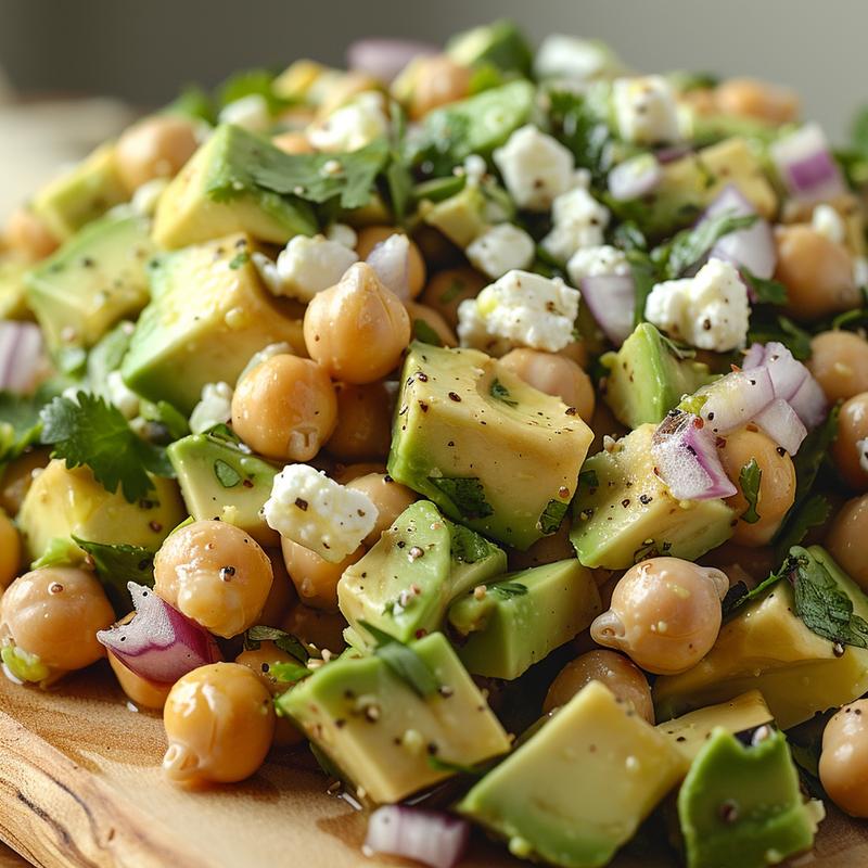 Close-up of chickpea feta avocado salad showing visible ingredients.