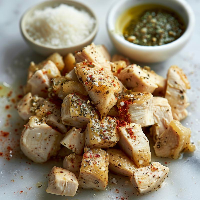 Close-up of a Mediterranean chicken bowl with visible chicken pieces, olive oil, and spices on a white marble surface.