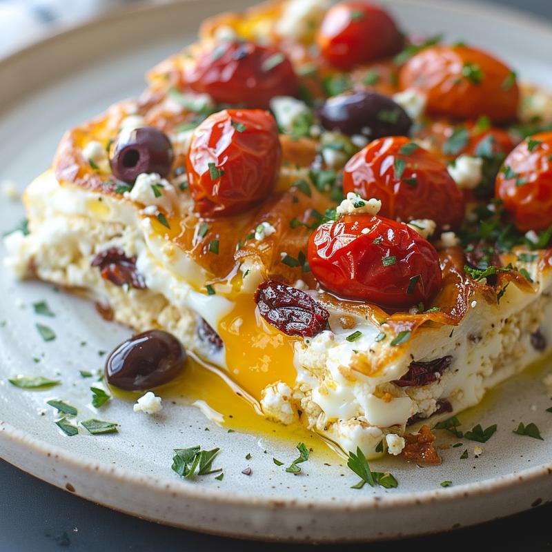 Close-up of a Mediterranean breakfast casserole on a light grey plate.