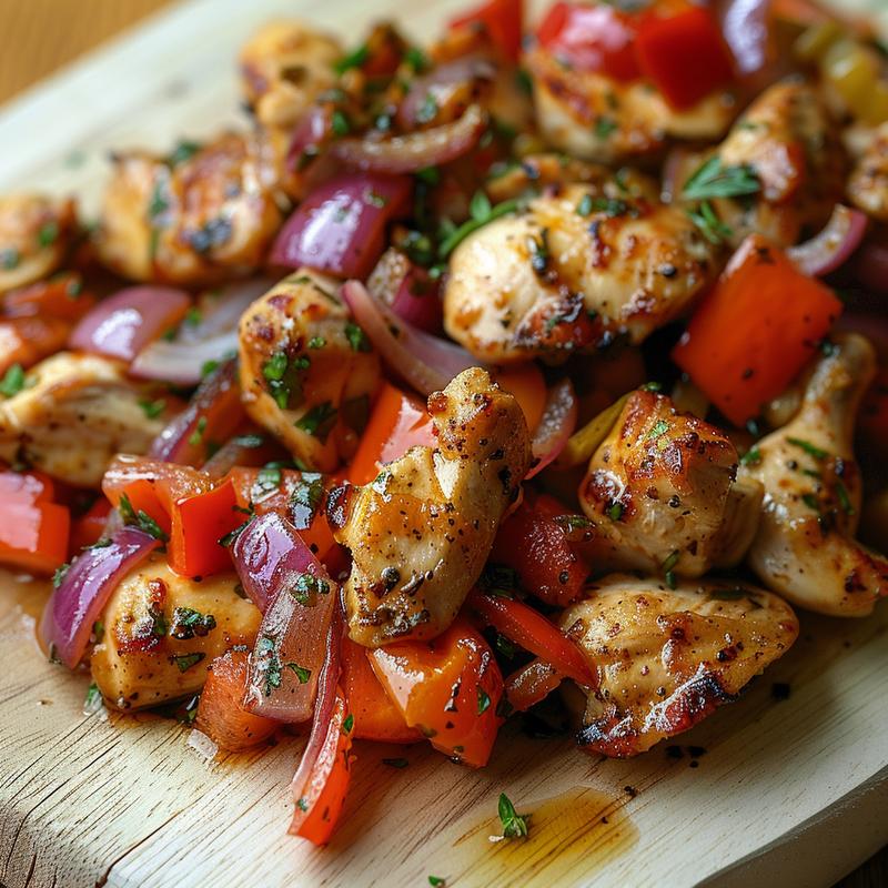 Close-up of Mediterranean chicken with red bell peppers and tomatoes on wood.