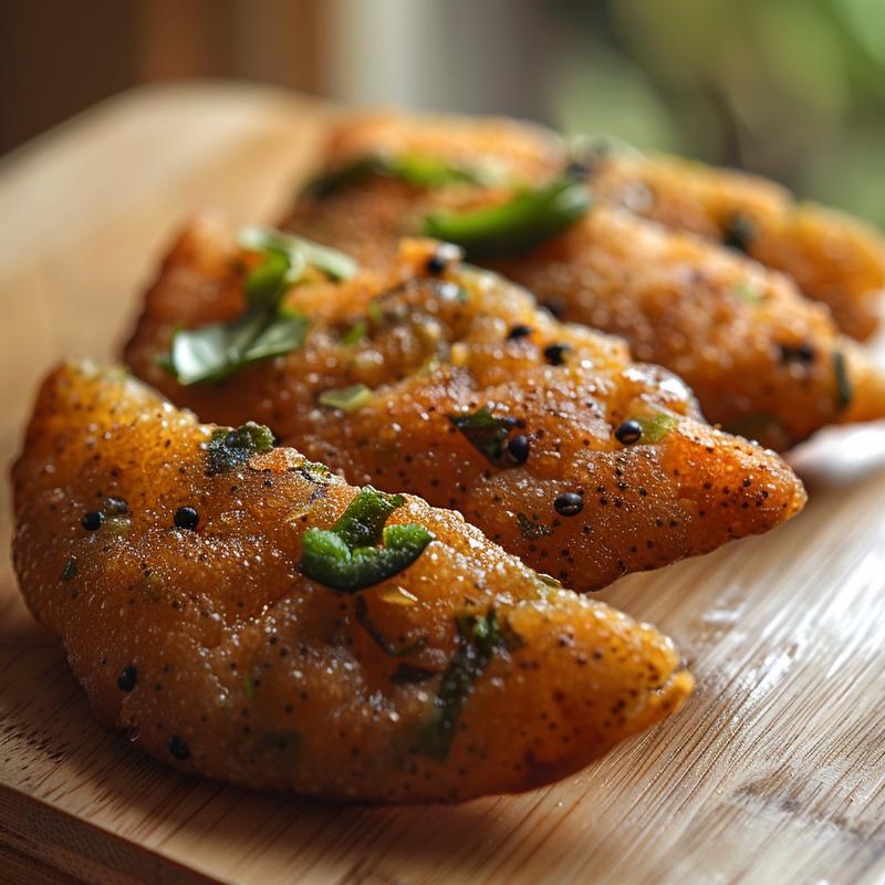 Close-up of a golden-brown medu vada on a light wood surface.