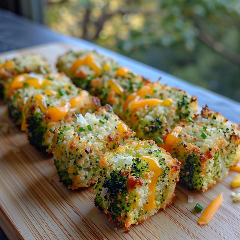 Close-up of golden-brown broccoli tots on a light wood board.