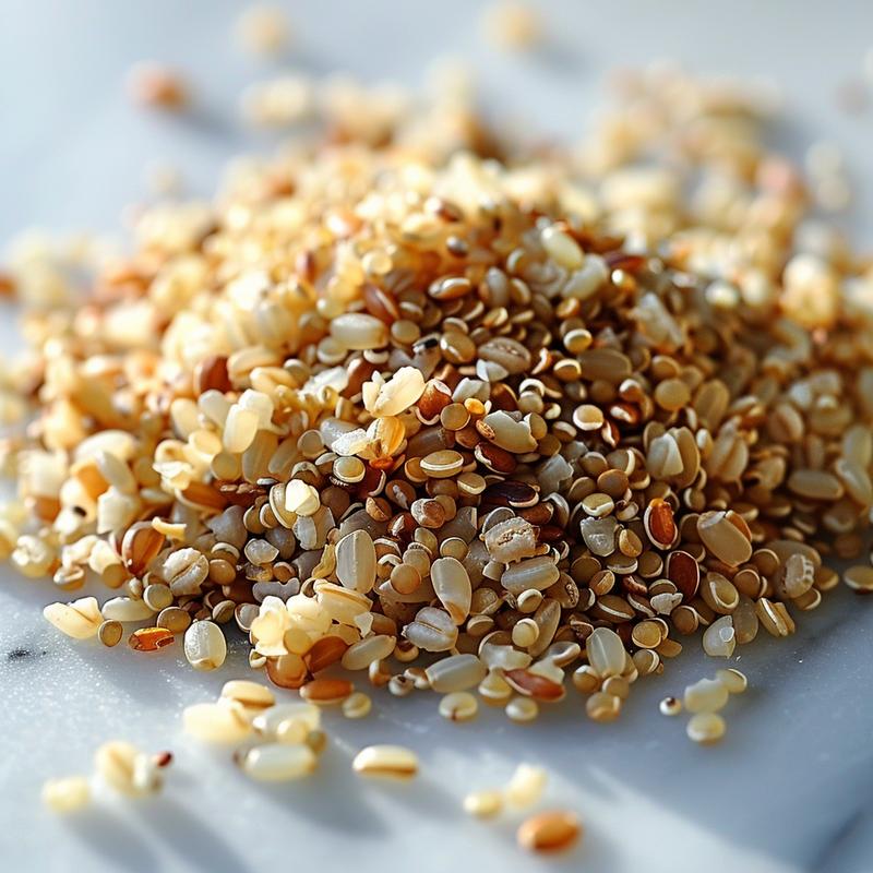 Close-up of grains including brown rice, barley, and quinoa on white marble.