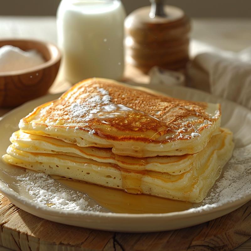 Close-up of a single pancake slice on a light wood board.