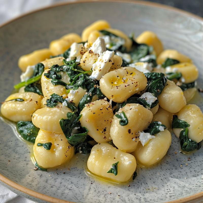 Close-up of creamy gnocchi with spinach and feta on a grey plate.