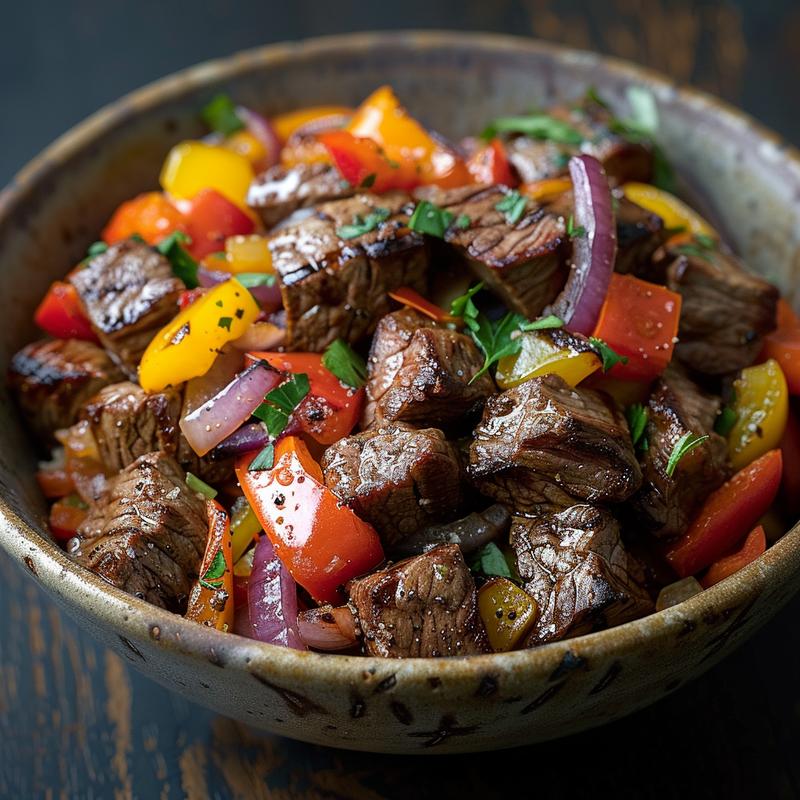 Close-up of a steak bowl with colorful vegetables on a dark wood table.