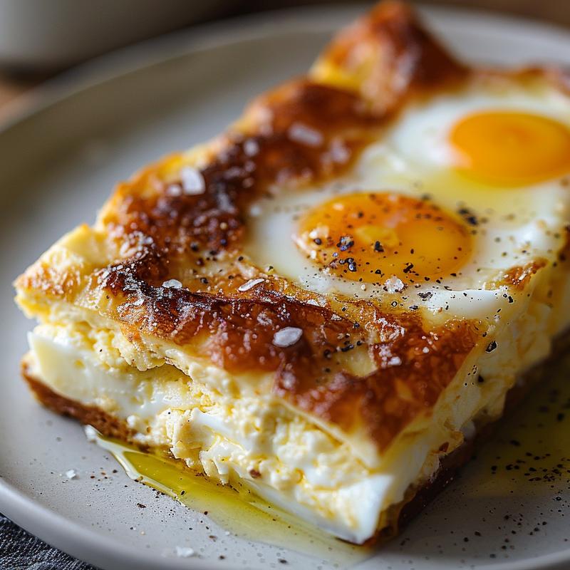 Close-up of a Mediterranean breakfast casserole with visible eggs, vegetables, and light grey plate.