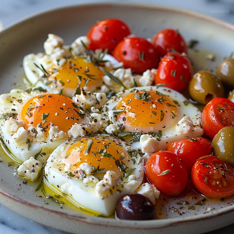 Close-up of baked feta eggs with tomatoes, olives, and olive oil on a grey plate.