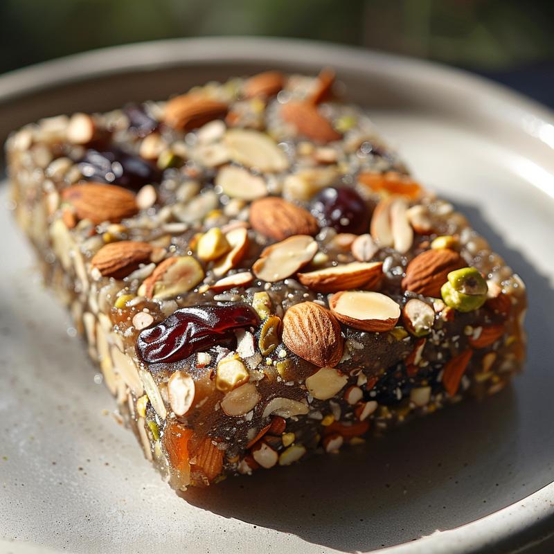 Close-up of a dry fruit laddu on a light grey plate.