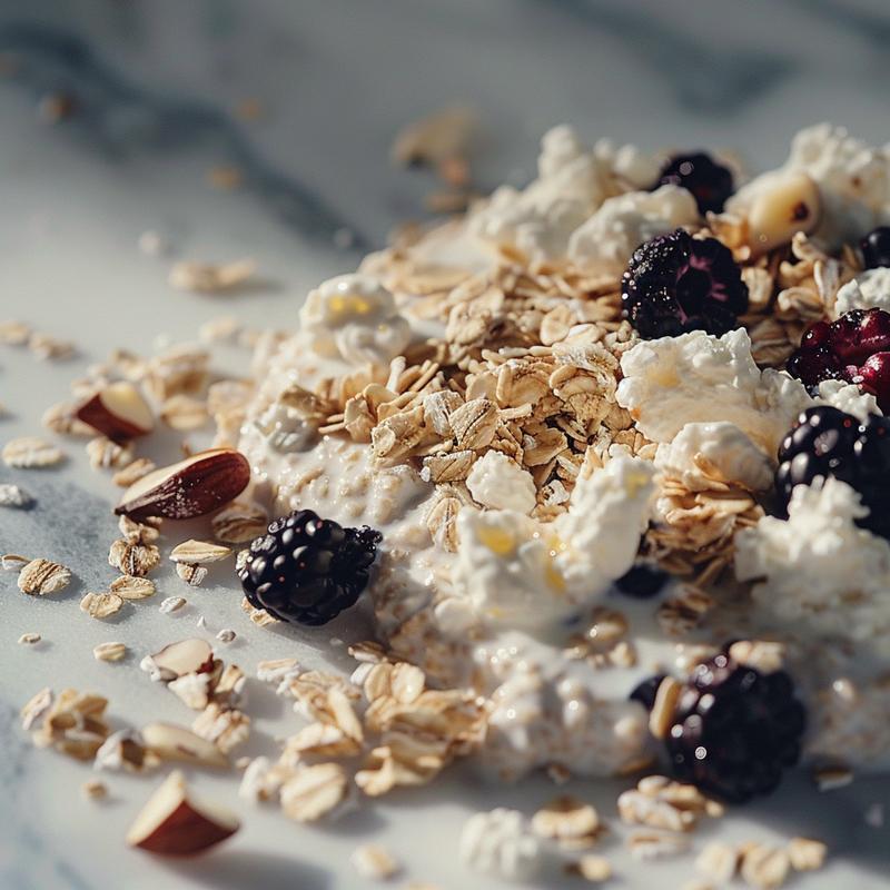 Close-up of berry almond overnight oats showing visible ingredients on white marble.