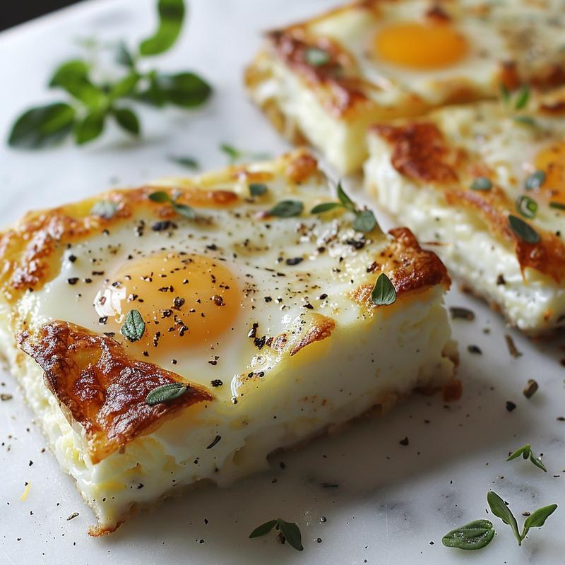 Close-up of a Mediterranean breakfast casserole with visible eggs, vegetables, and seasonings on a white marble surface.
