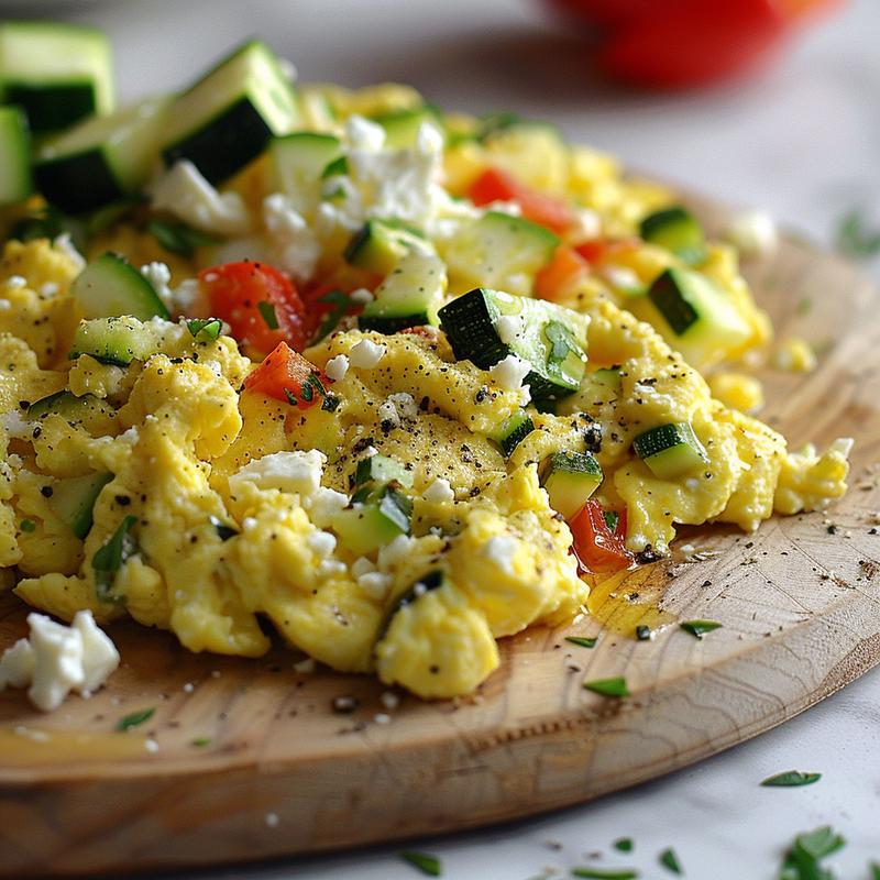 Close-up of veggie scrambled eggs with feta, peppers, and zucchini.