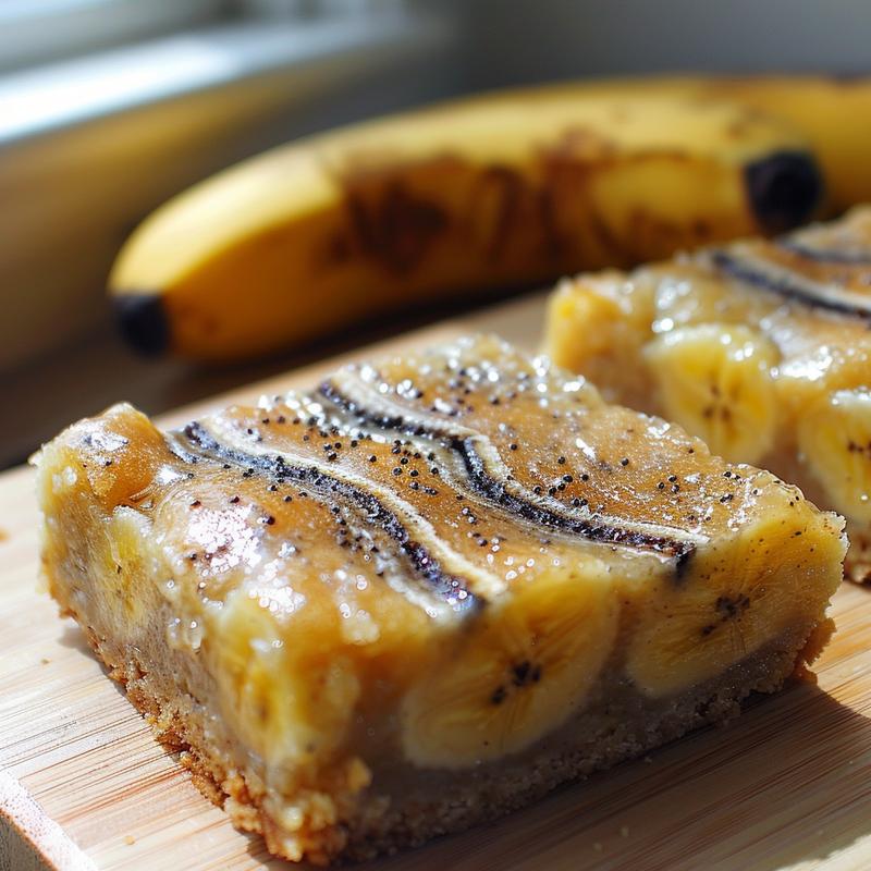 Close-up of a slice of banana bar on a light wood board.