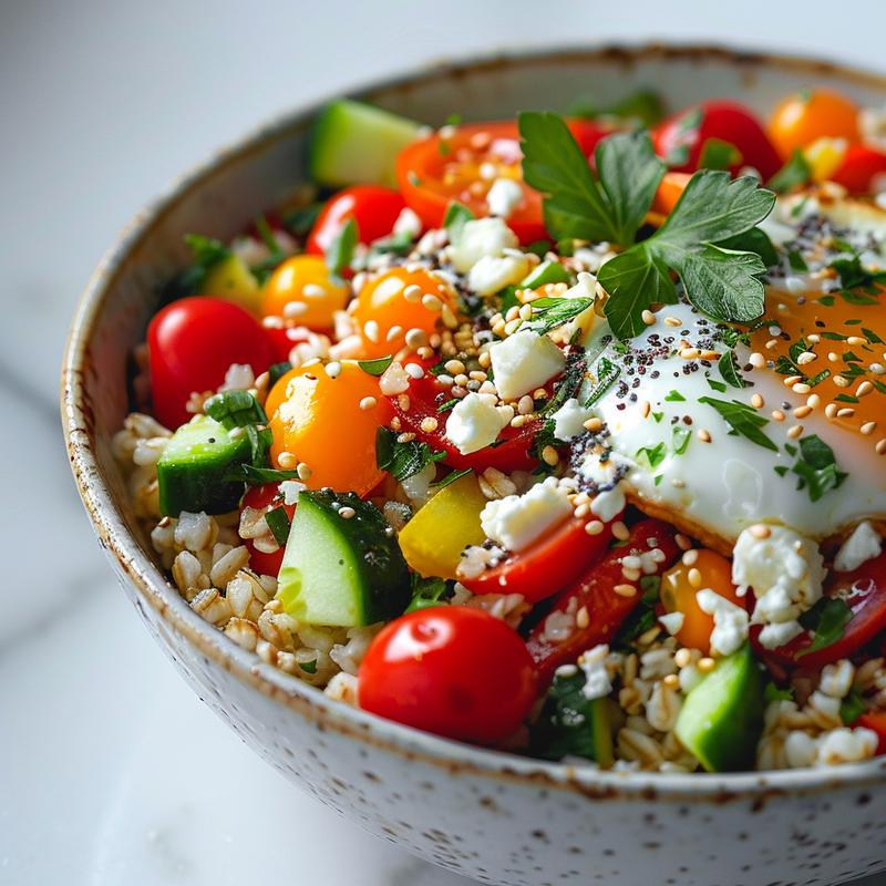 Close-up of a Mediterranean breakfast bowl with visible grains, fresh vegetables, and protein on a white marble surface.
