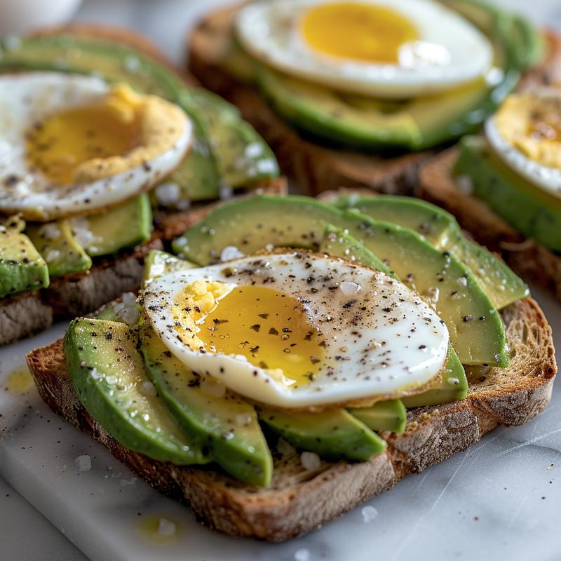 Avocado egg toast on white marble, focus on ingredients.