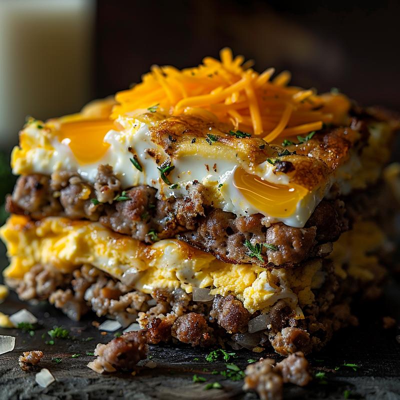 Close-up of a sausage and egg casserole with visible sausage, cheese, and onion.