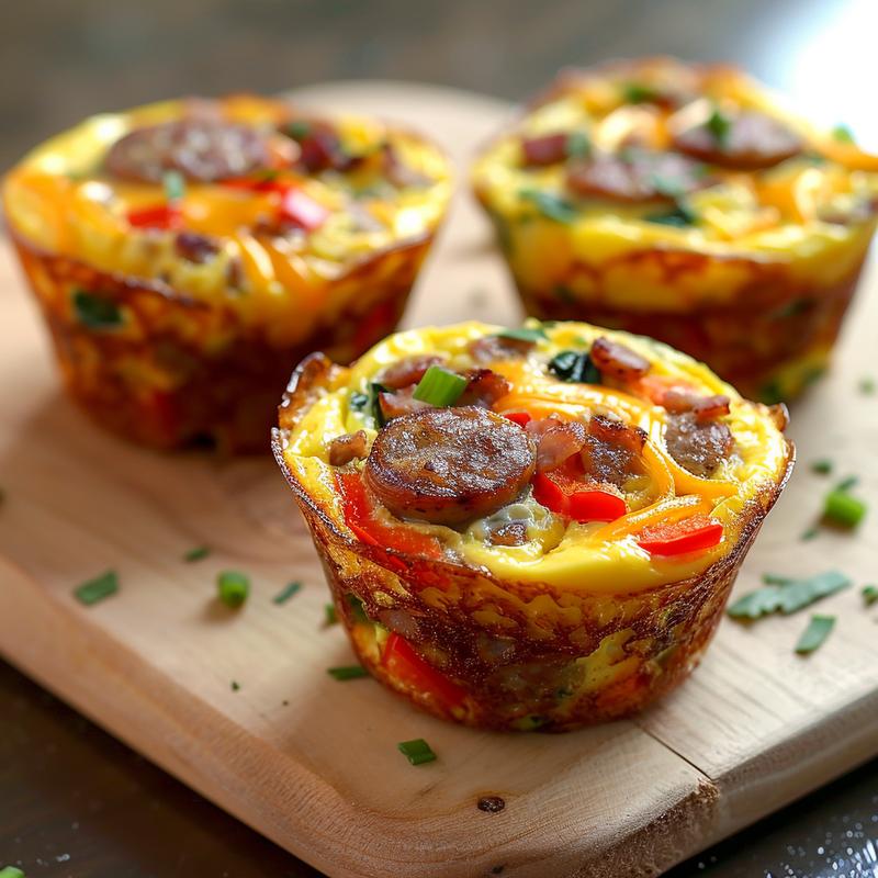 Close-up of colorful breakfast egg muffins on wood.