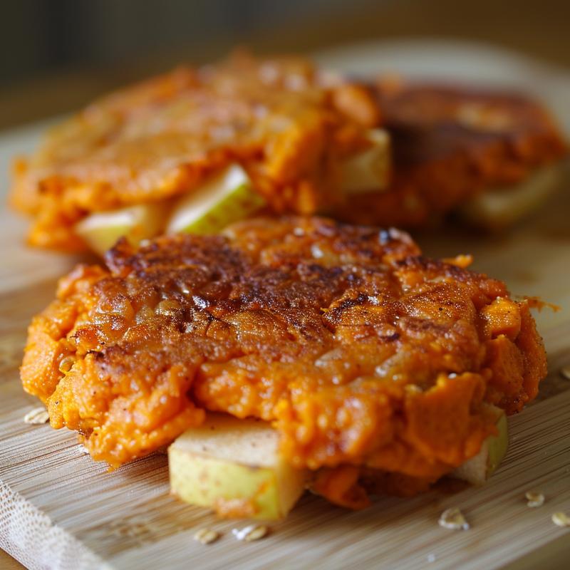 Close-up of sweet potato and apple patties on a light wood board.