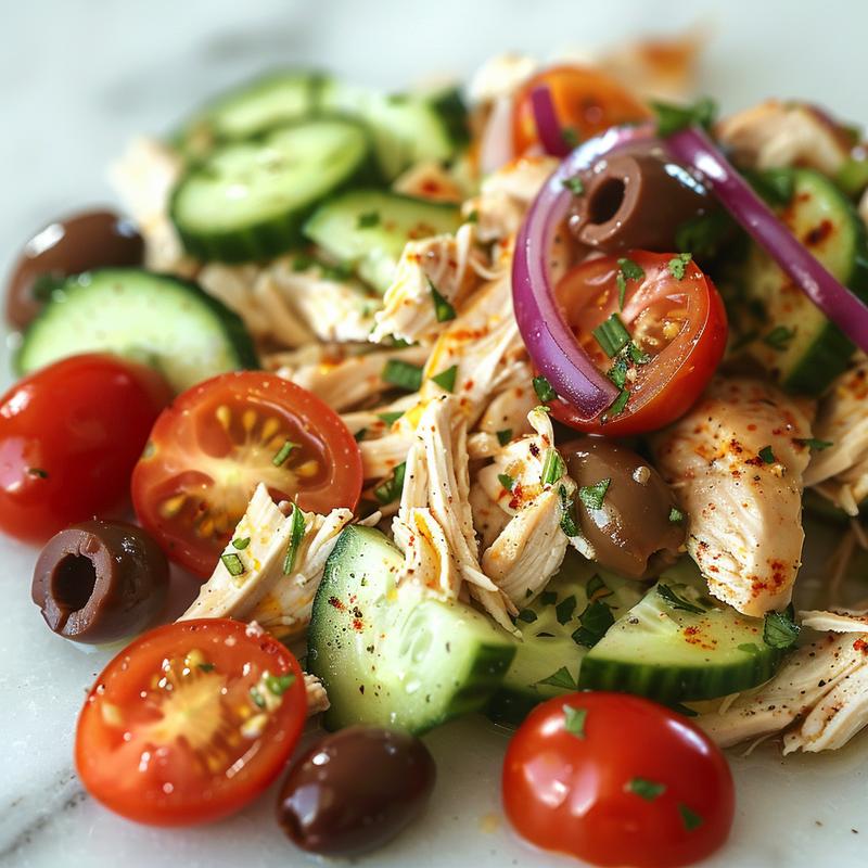 Close-up of Mediterranean chicken salad with visible chicken, cucumber, red onion, olives, and tomatoes on a white marble surface.