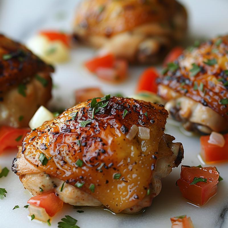 Close-up of seasoned chicken thighs with diced tomatoes and herbs on a white marble surface.