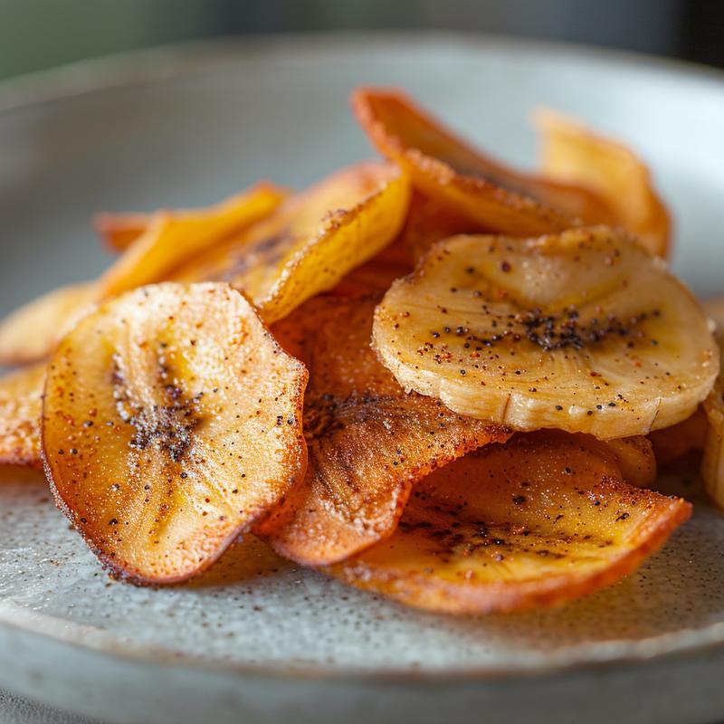 Close-up of homemade banana chips on a grey plate.