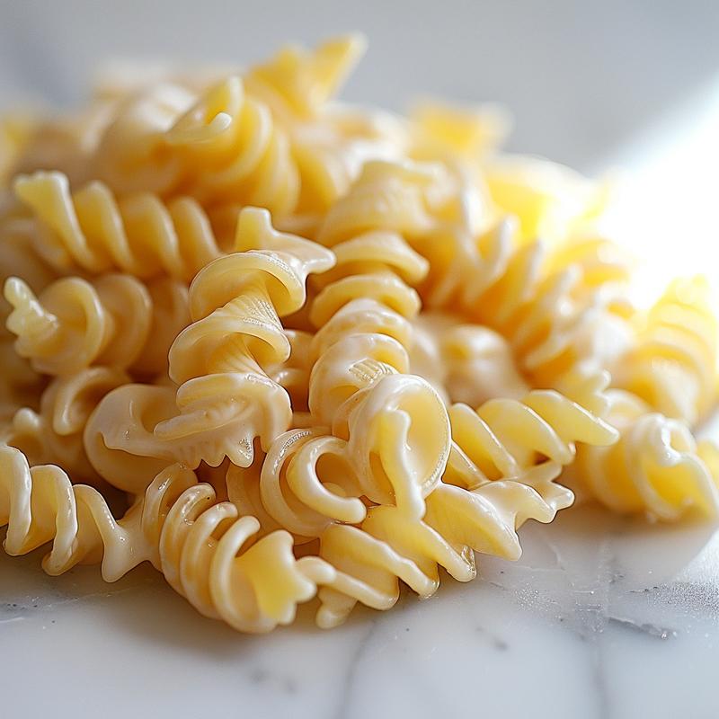 Close-up of creamy pasta salad with rotini shells on white marble.