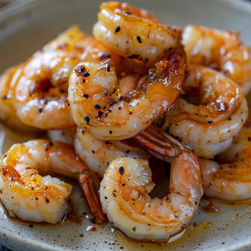 Close-up of honey garlic shrimp on a light grey plate.