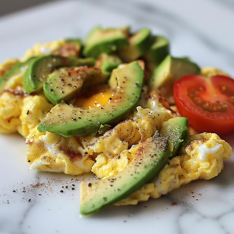 Close-up of scrambled eggs, avocado slices, and seared tomato on white marble.