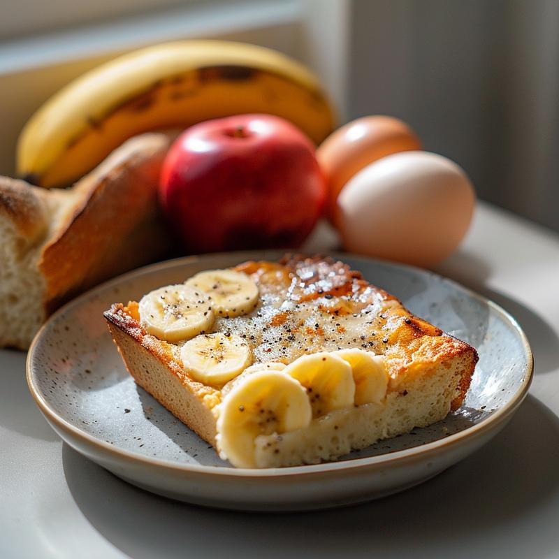 Close-up of apples, bananas, milk, bread, and eggs on a grey plate.