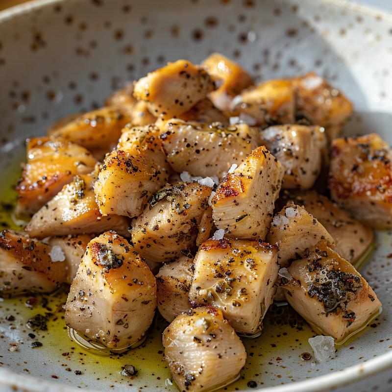 Close-up of Mediterranean chicken bowl with visible chicken, oil, and herbs on a light grey plate.