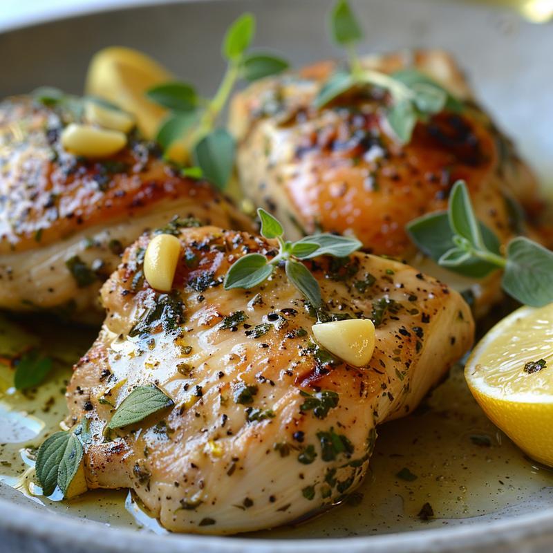 Close-up of lemon herb chicken on a grey plate.